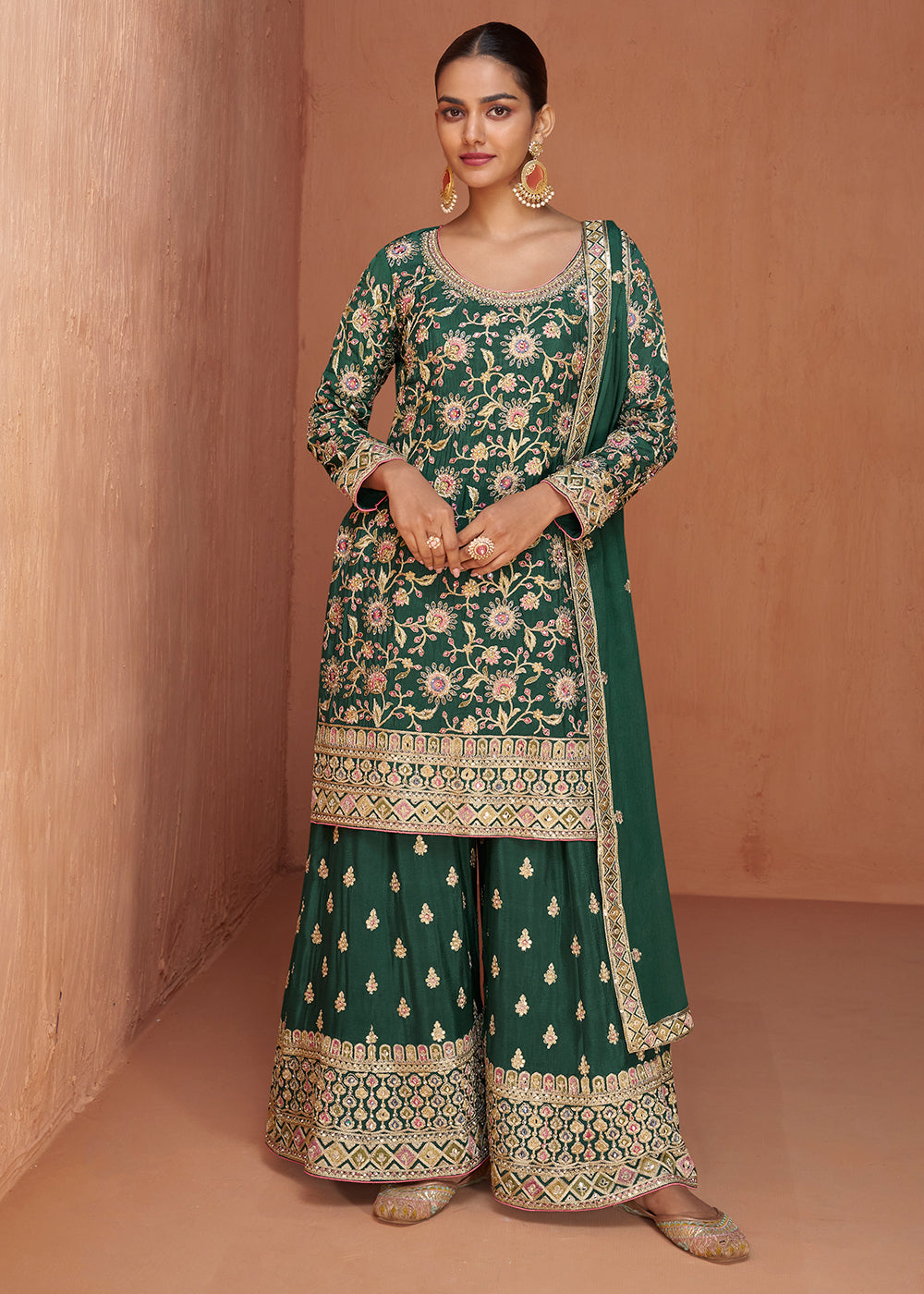 Dark Green Floral Embroidered Chinon Silk Plazzo Suit