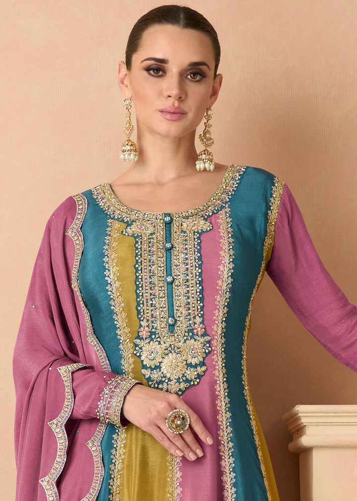 Persian Pink Embroidered Chinon Plazzo Suit