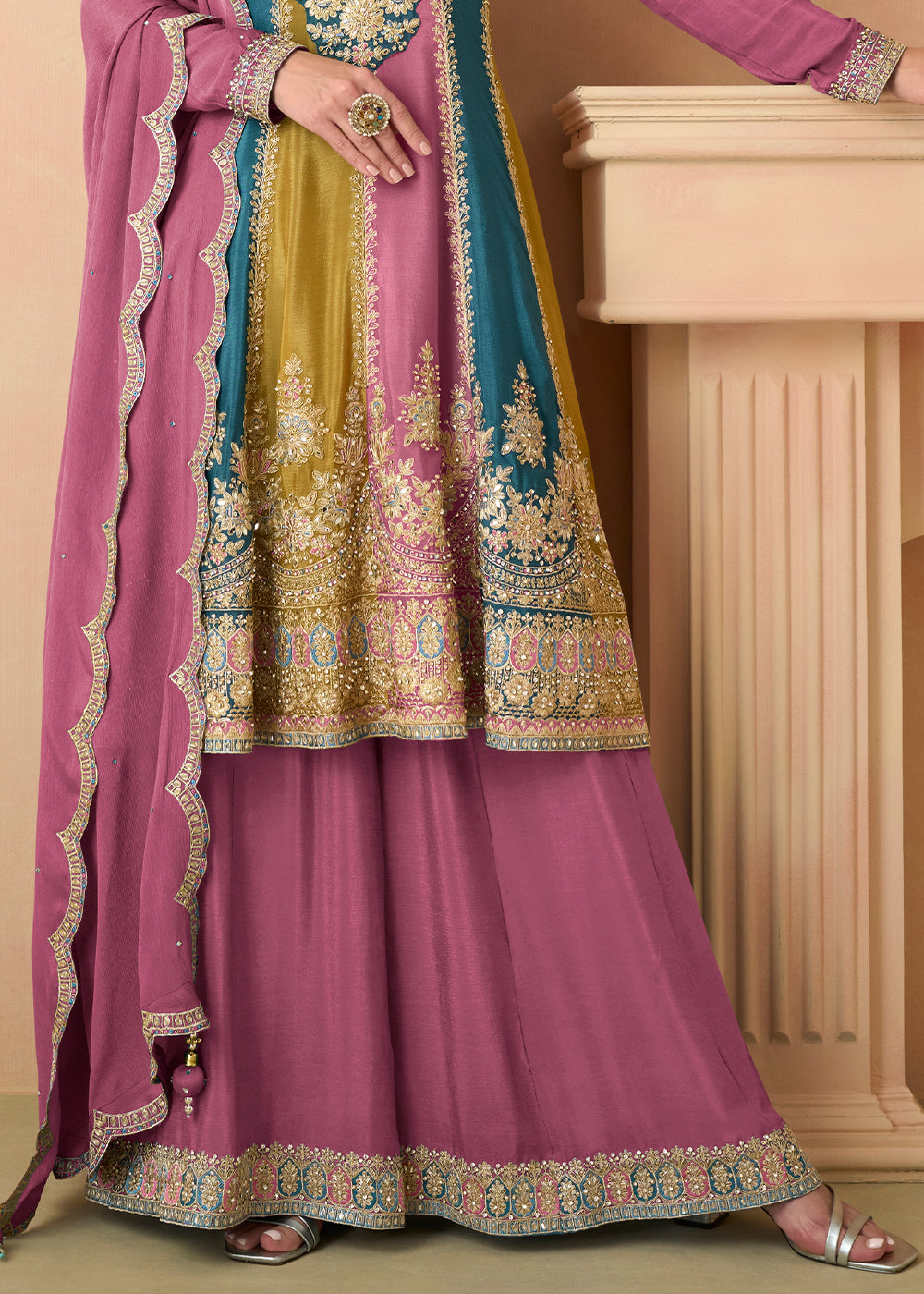 Persian Pink Embroidered Chinon Plazzo Suit