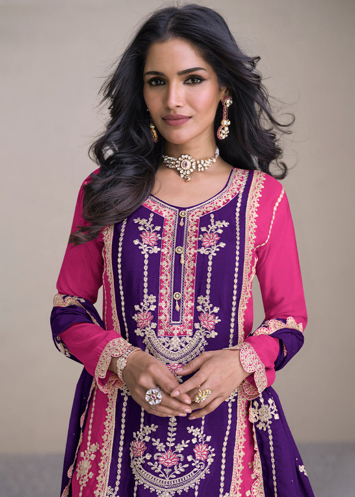 Grape Purple Embroidered Chinon Silk Plazzo Suit