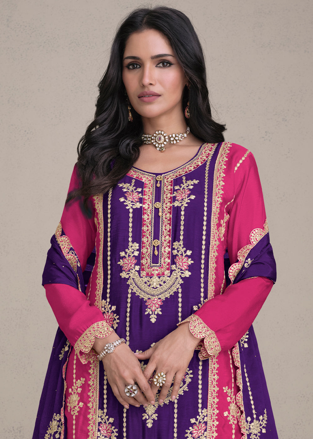 Grape Purple Embroidered Chinon Silk Plazzo Suit