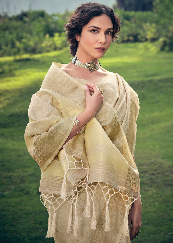 Beige Brown Zari Woven Tissue Silk Saree