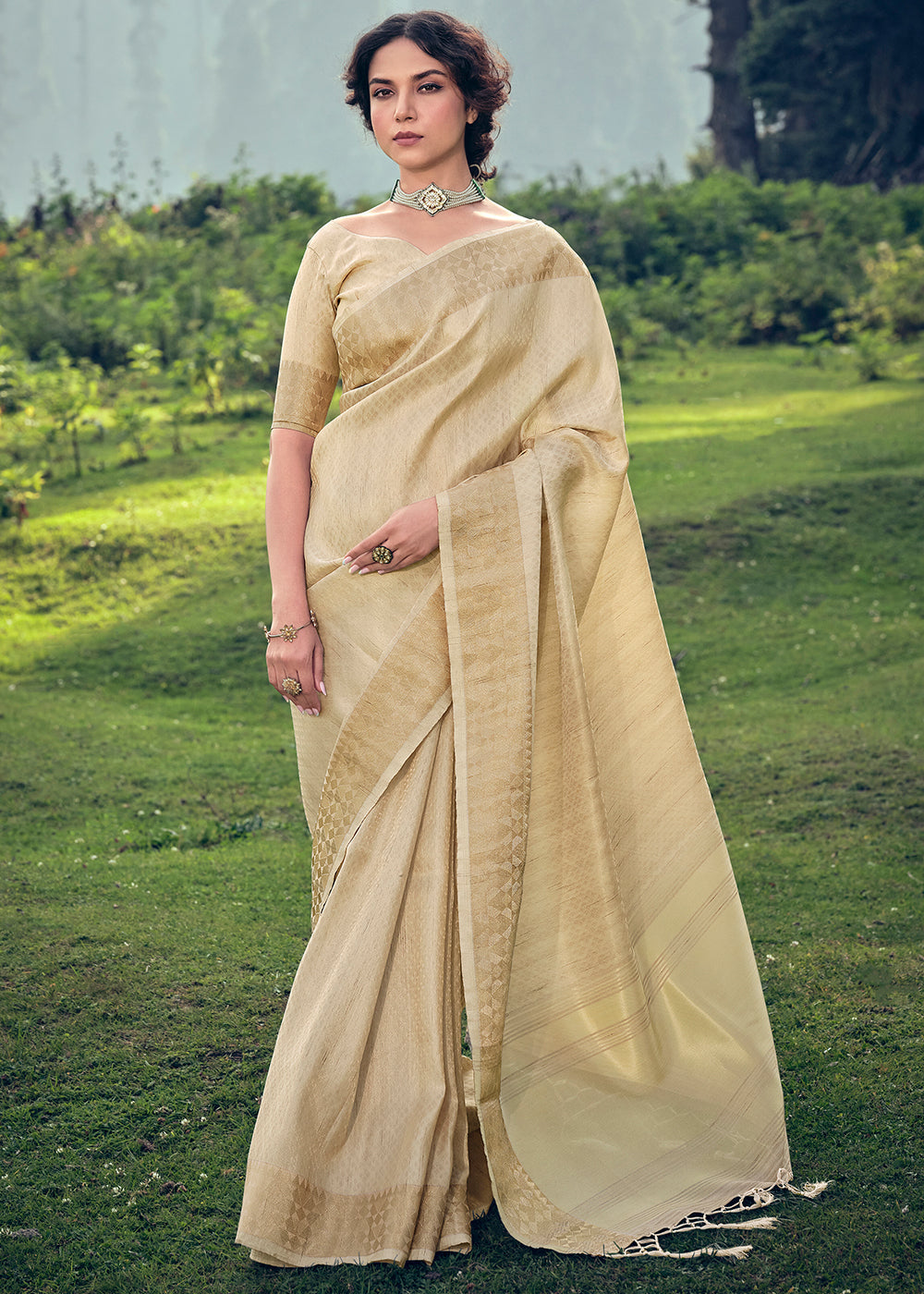 Beige Brown Zari Woven Tissue Silk Saree