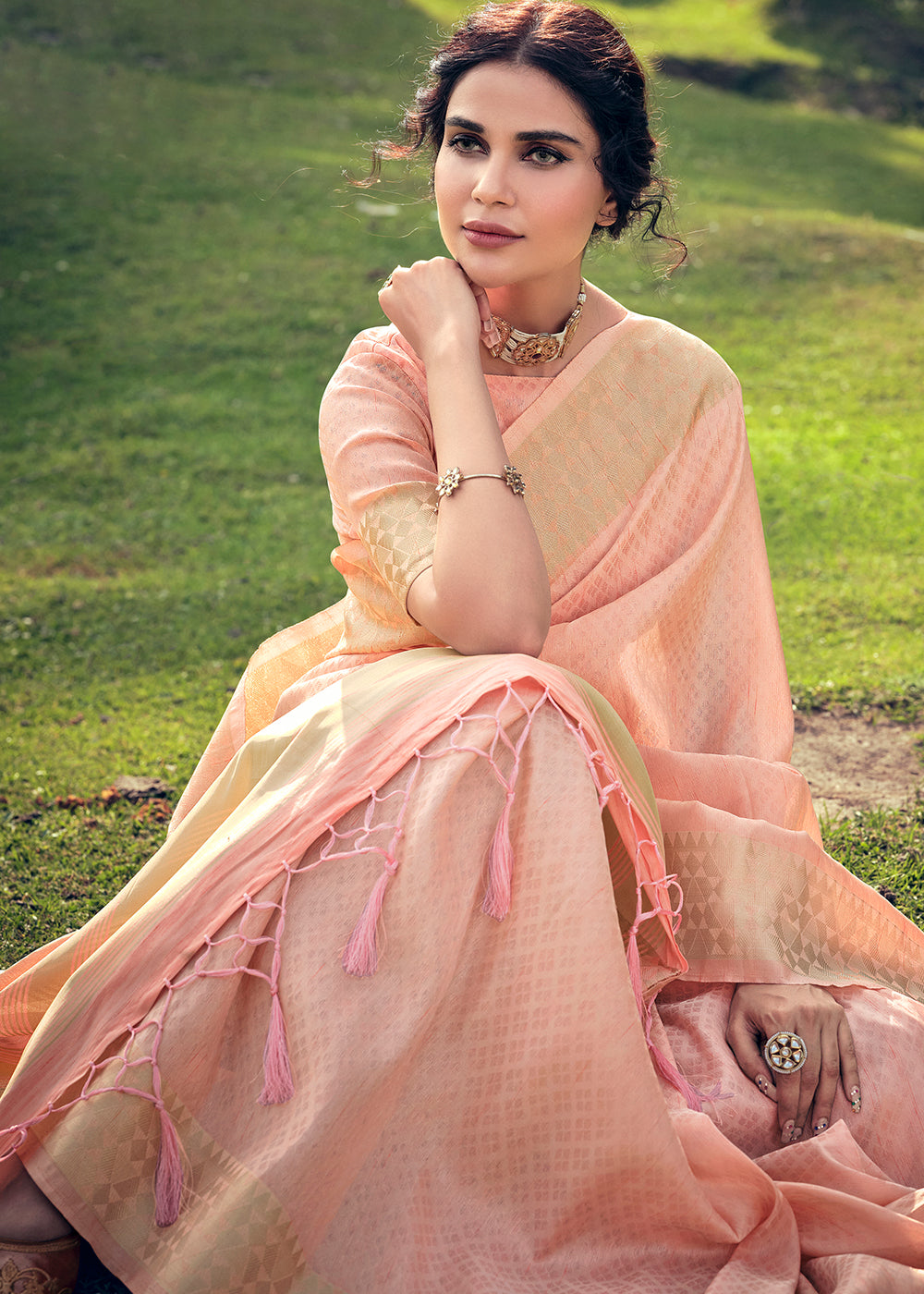 Peach Pink Zari Woven Tissue Silk Saree