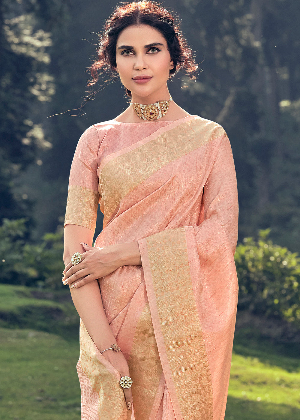 Peach Pink Zari Woven Tissue Silk Saree