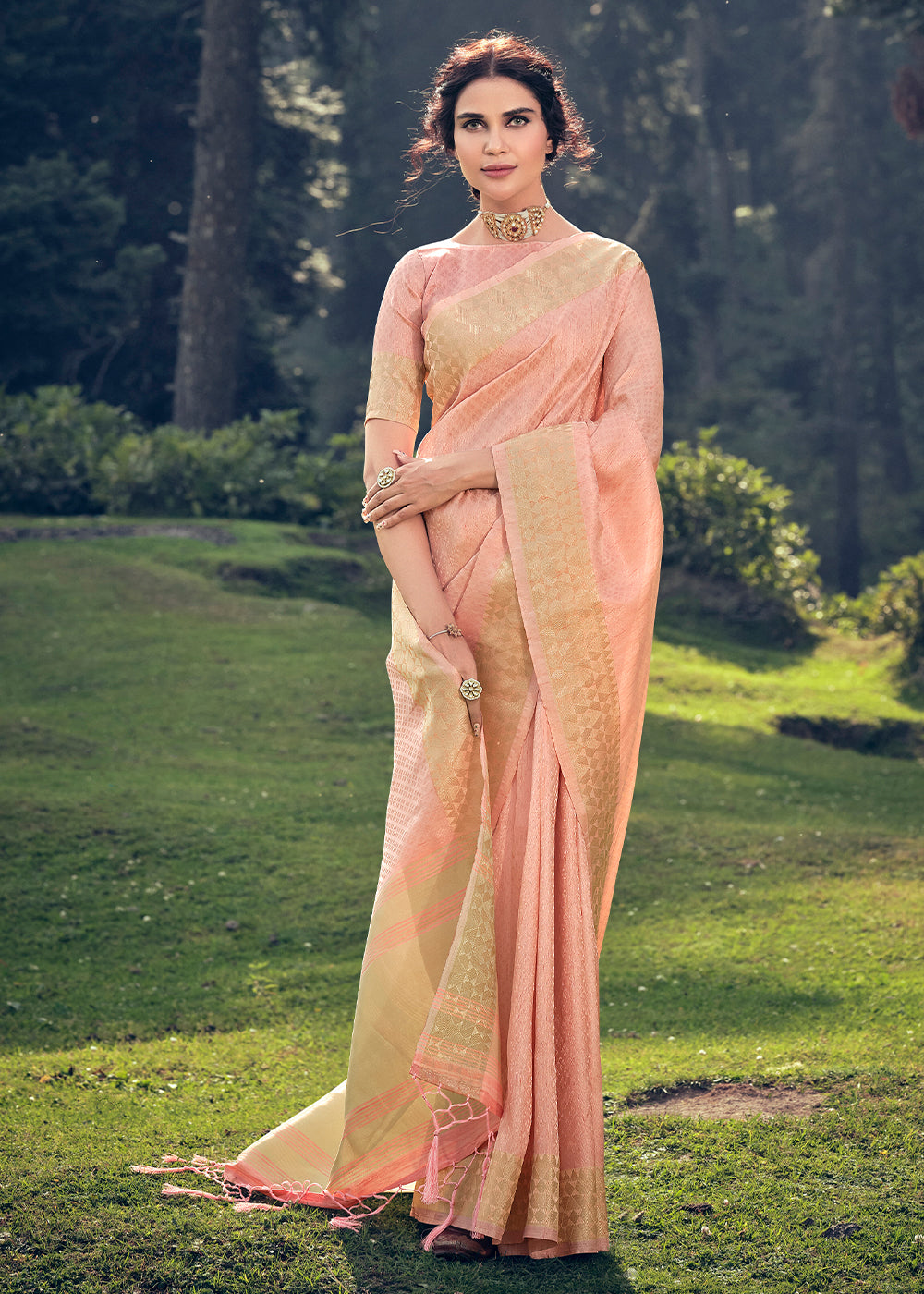 Peach Pink Zari Woven Tissue Silk Saree