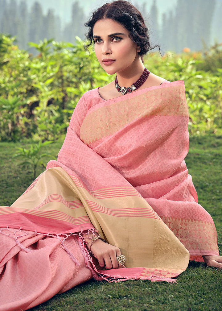 Taffy Pink Zari Woven Tissue Silk Saree