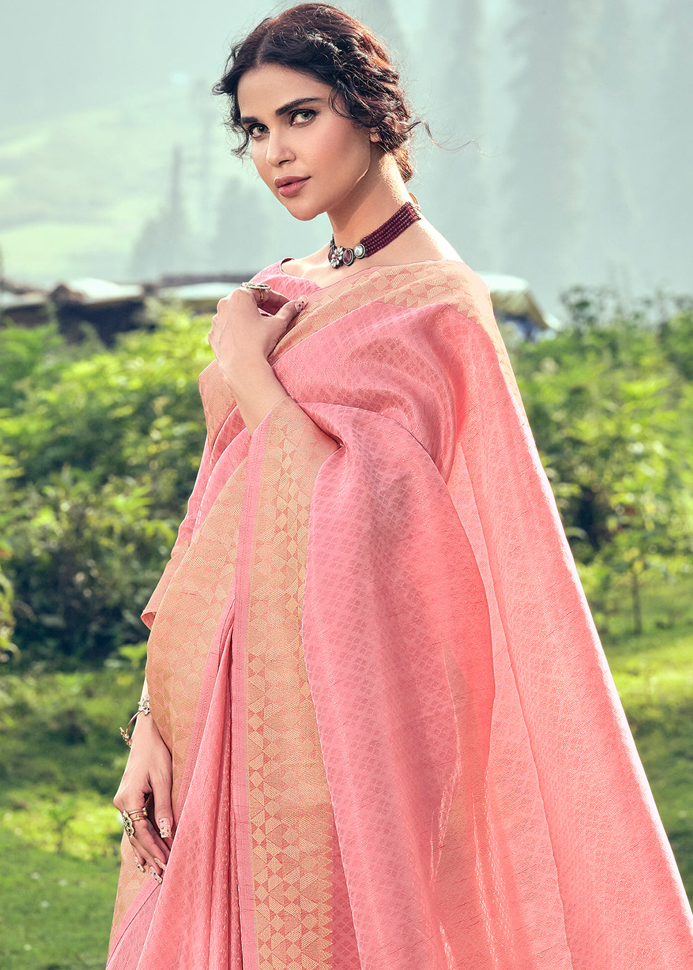 Taffy Pink Zari Woven Tissue Silk Saree