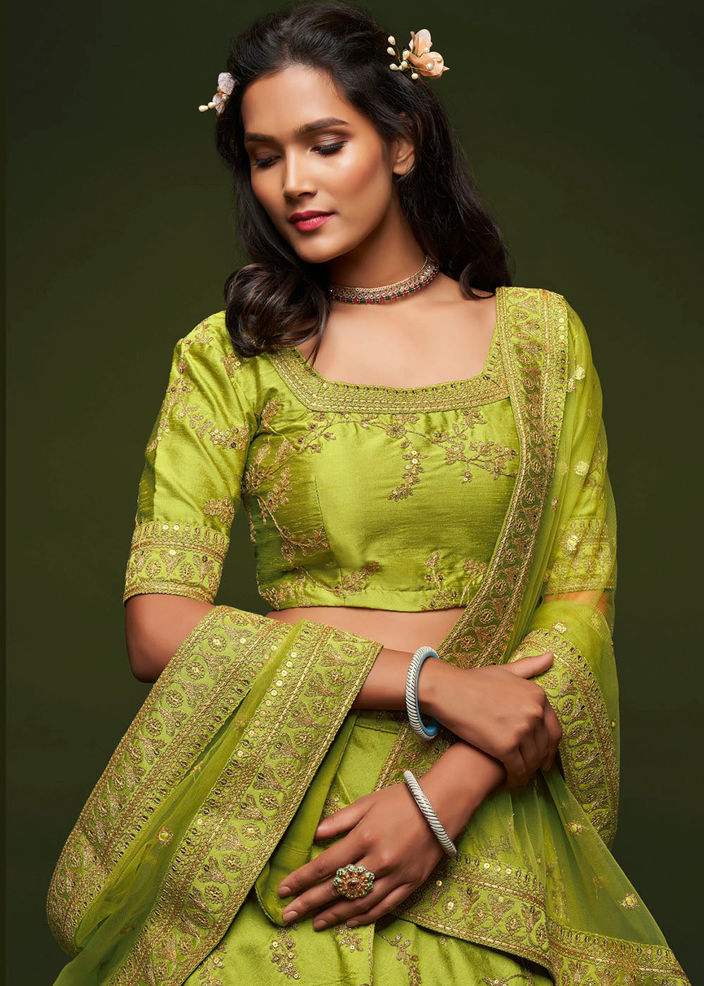 Avocado Green Silk Lehenga Choli with Thread,Zari,Dori & Sequins work