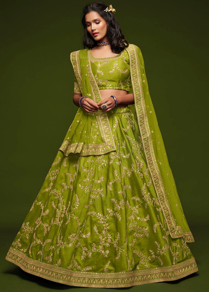 Avocado Green Silk Lehenga Choli with Thread,Zari,Dori & Sequins work