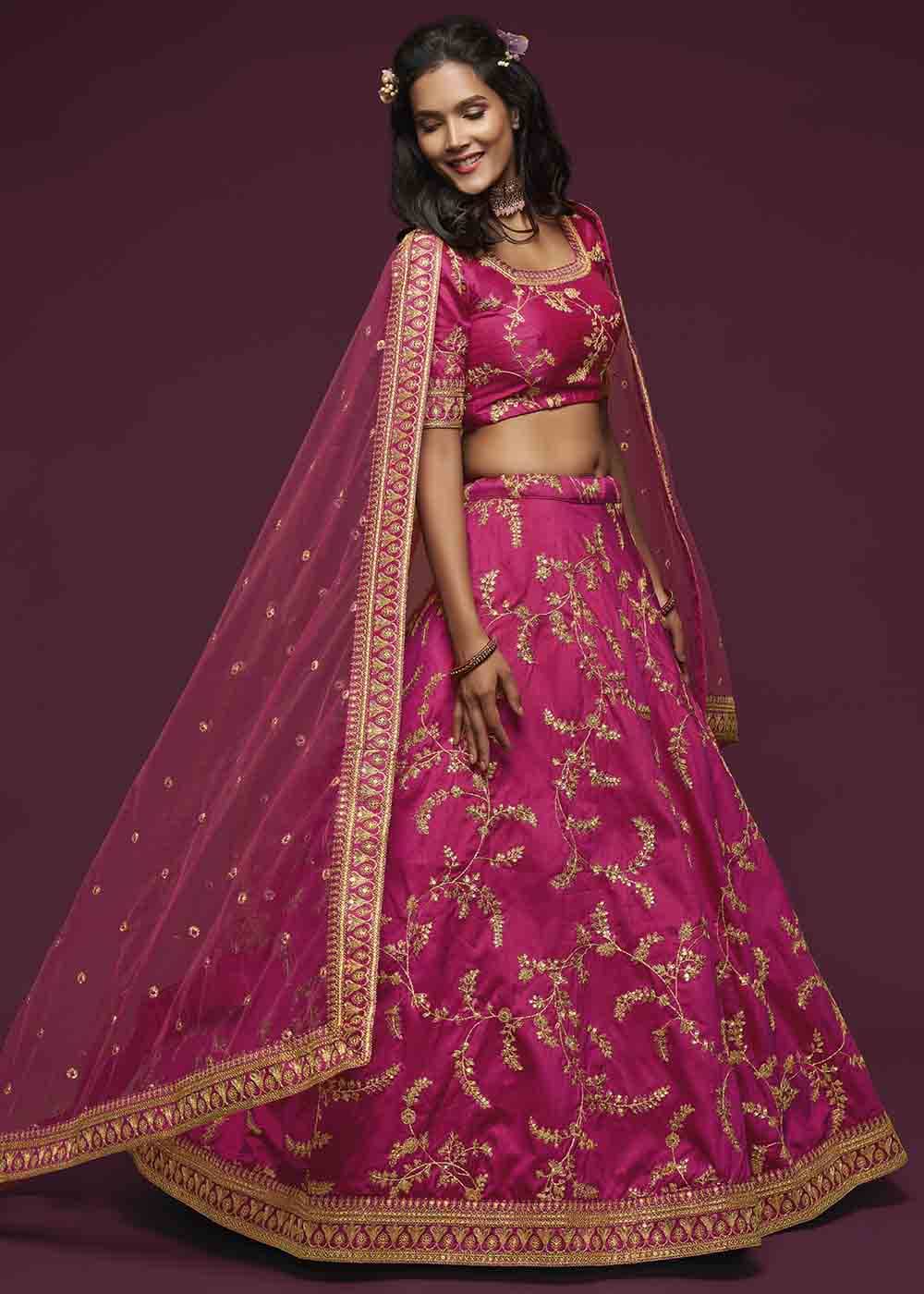 Cerise Pink Silk Lehenga Choli with Thread,Zari,Dori & Sequins work