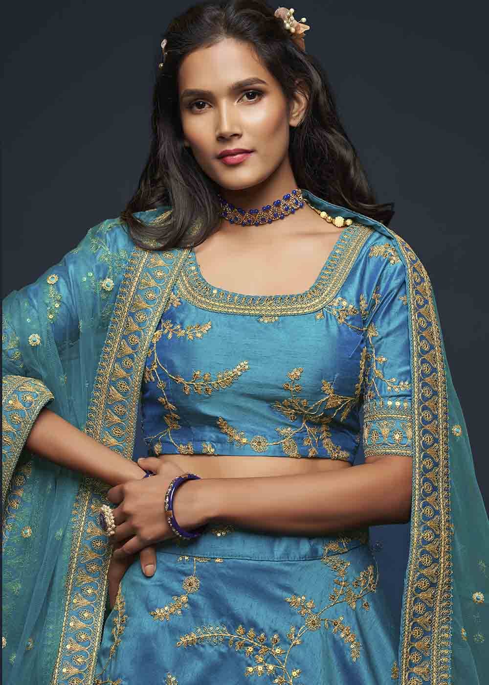 Cerulean Blue Silk Lehenga Choli with Thread,Zari,Dori & Sequins work