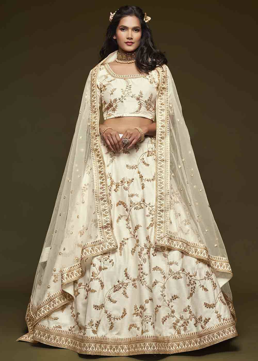 Pearl White Silk Lehenga Choli with Thread,Zari,Dori & Sequins work