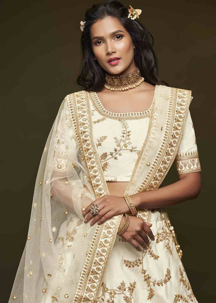 Pearl White Silk Lehenga Choli with Thread,Zari,Dori & Sequins work