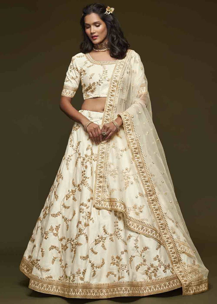 Pearl White Silk Lehenga Choli with Thread,Zari,Dori & Sequins work