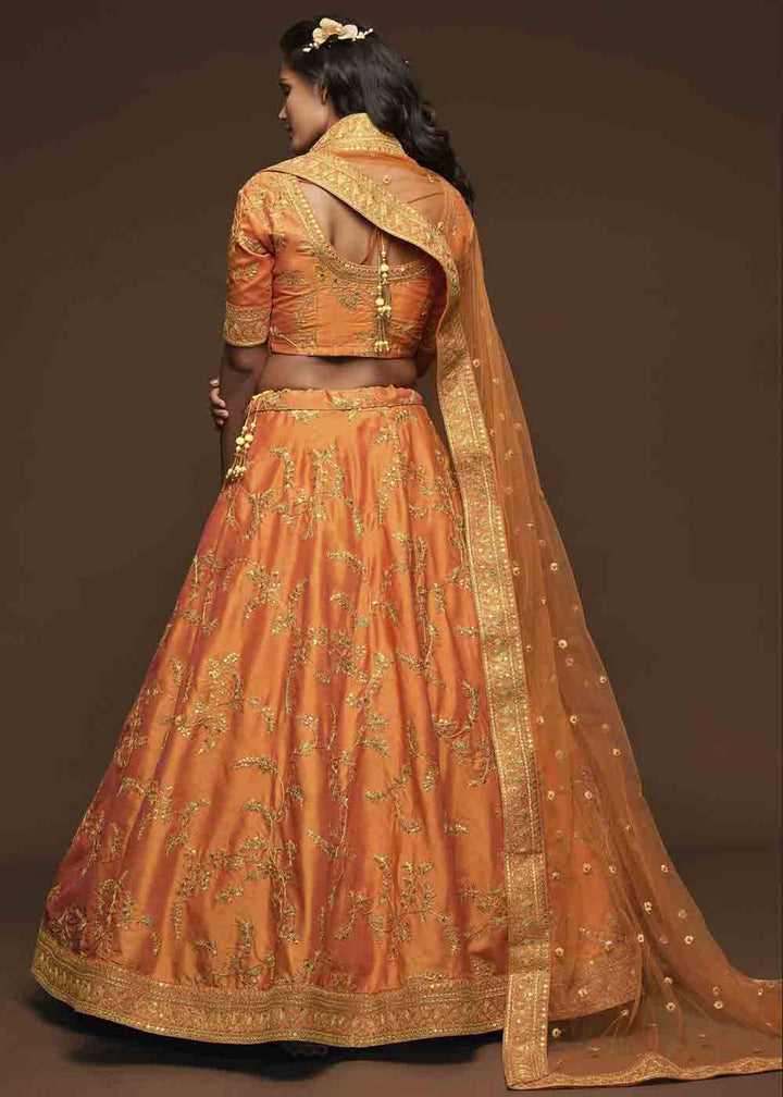 Pumpkin Orange Silk Lehenga Choli with Thread,Zari,Dori & Sequins work