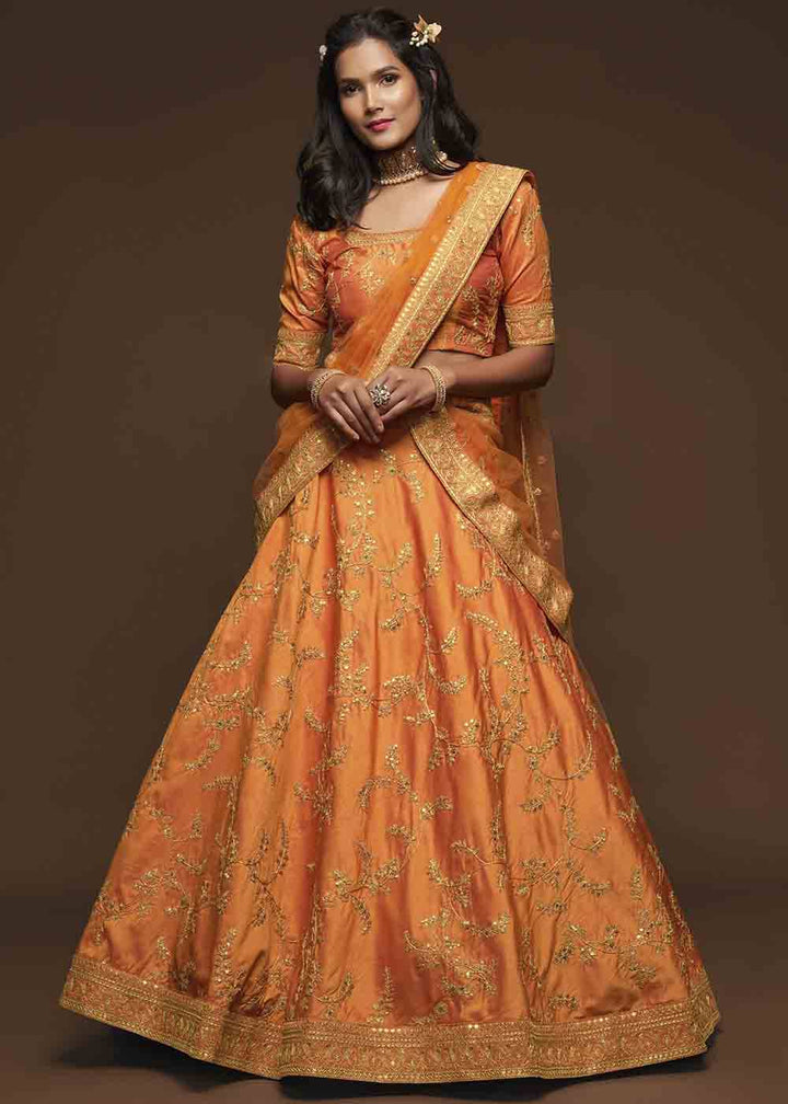 Pumpkin Orange Silk Lehenga Choli with Thread,Zari,Dori & Sequins work