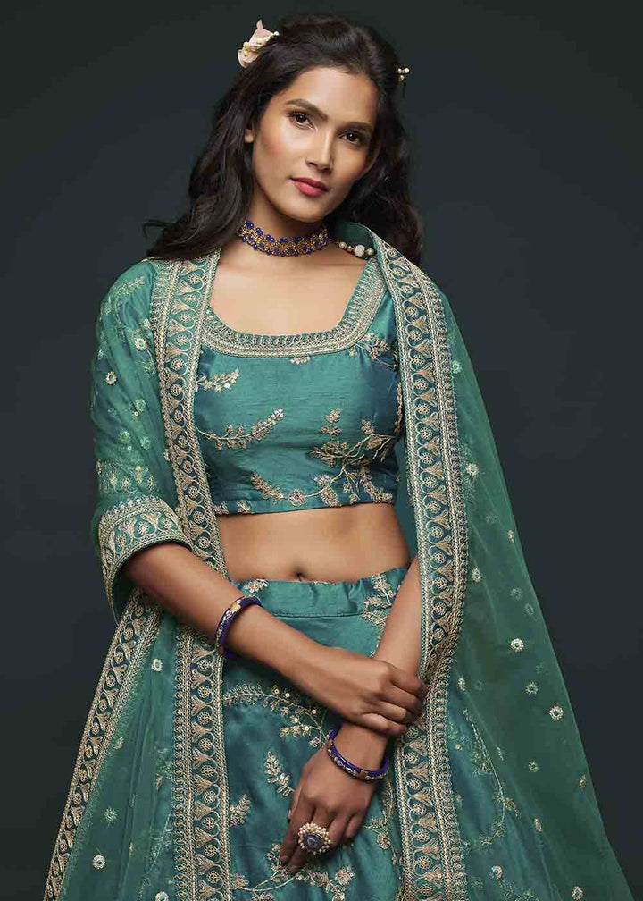 Teal Green Silk Lehenga Choli with Thread,Zari,Dori & Sequins work