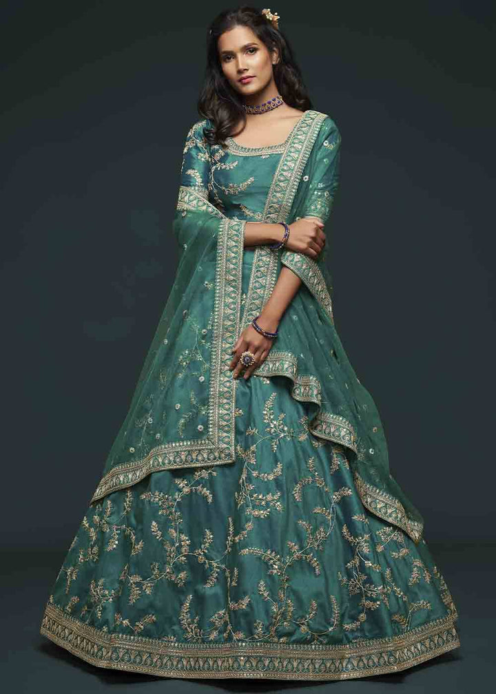 Teal Green Silk Lehenga Choli with Thread,Zari,Dori & Sequins work