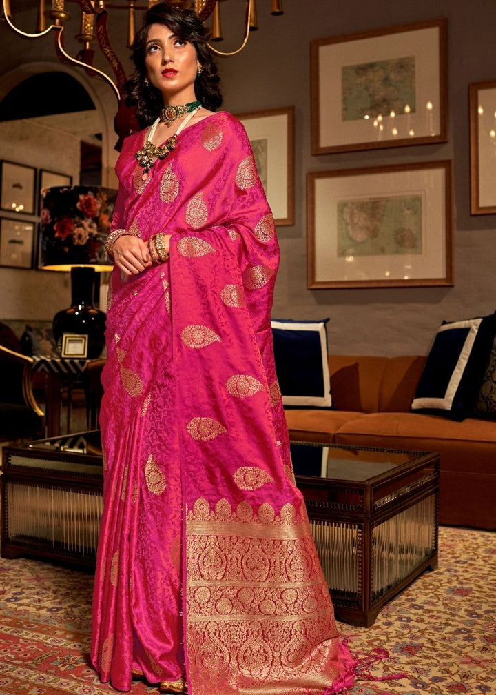 Ruby Pink Pure Satin Woven Silk Saree with overall Golden Buti