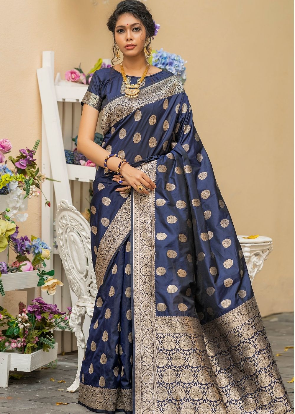 Aegean Blue Soft Banarasi Silk Saree with overall Butti