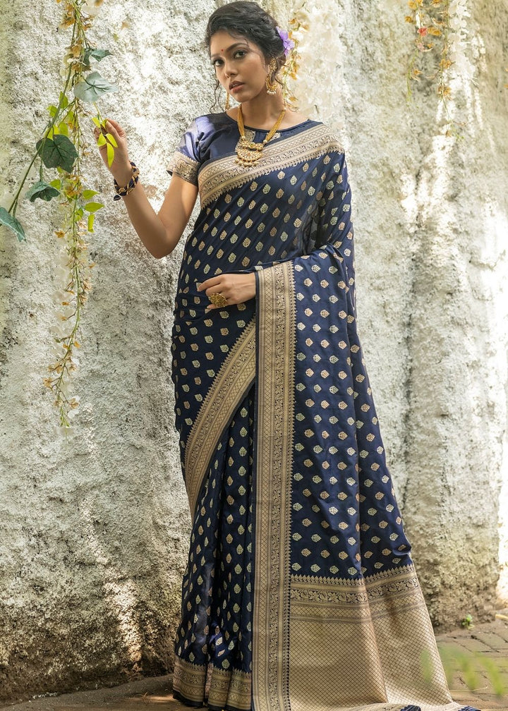 Denim Blue Soft Banarasi Silk Saree with overall Butti