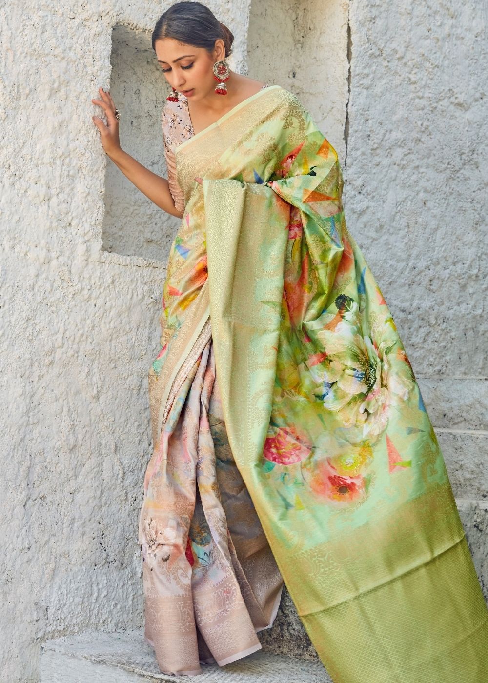 Lime Green Digital Printed Satin Silk Saree