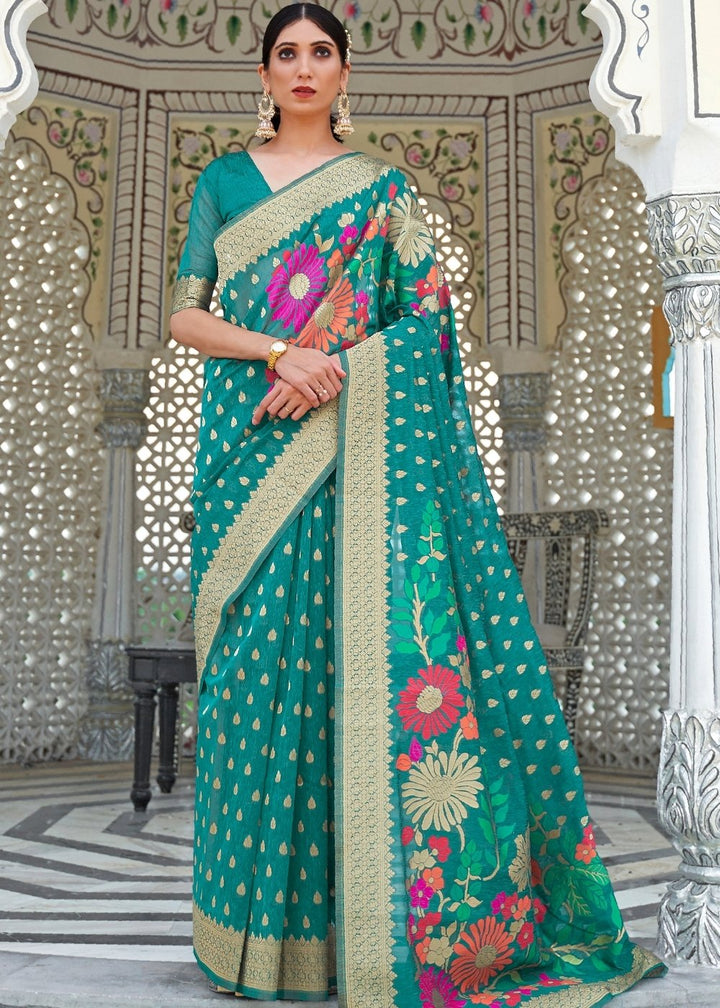 Pine Green Floral Embroidered Linen Silk Saree