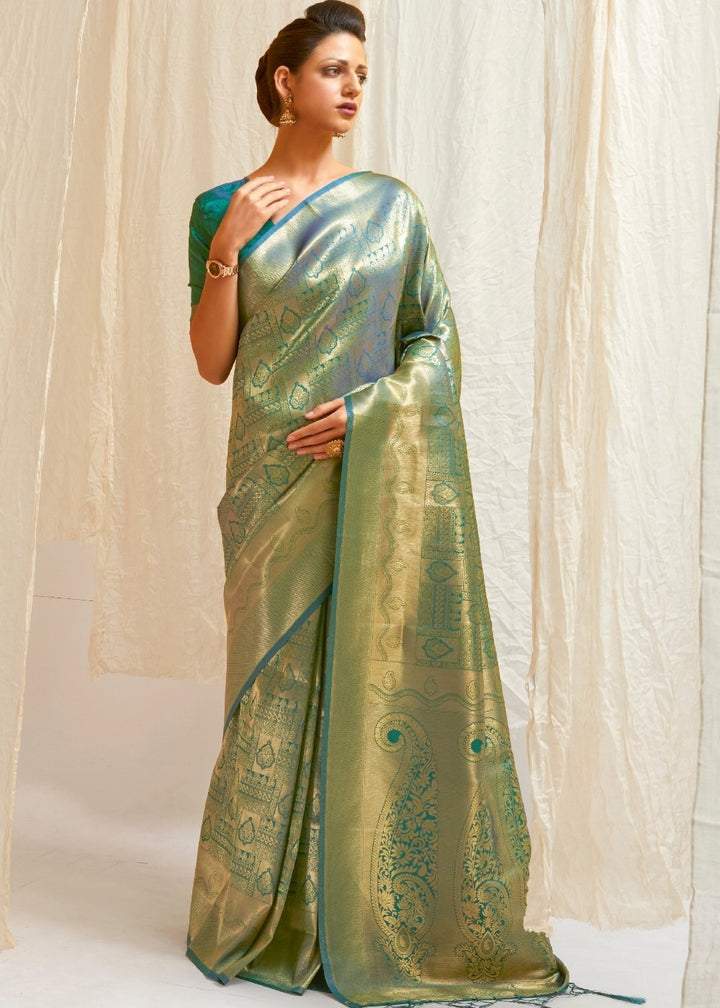 Pine Green & Golden Blend Kanjivaram Silk Saree