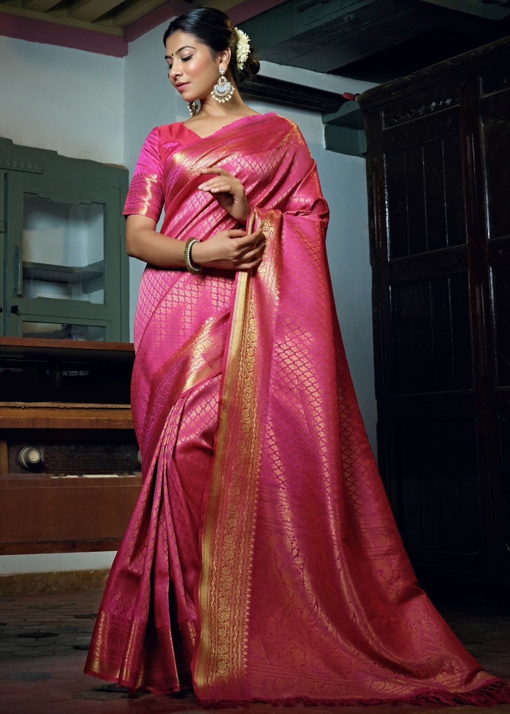 Shocking Pink Woven Kanjivaram Silk Saree