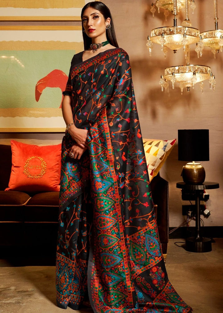 Ebony Black Banarasi Jamawar Woven Silk Saree