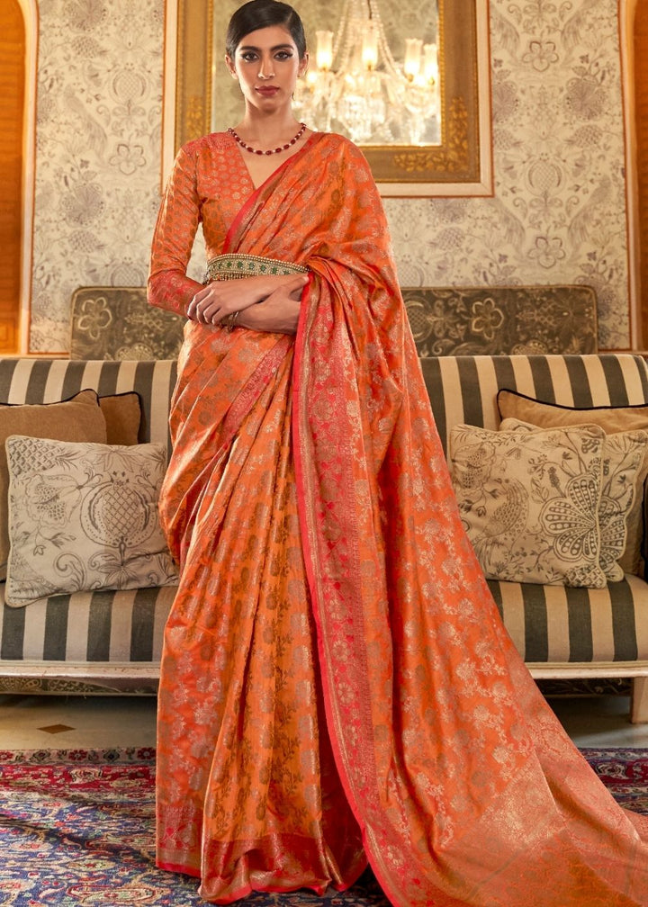 Amber Orange Woven Banarasi Tussar Silk Saree