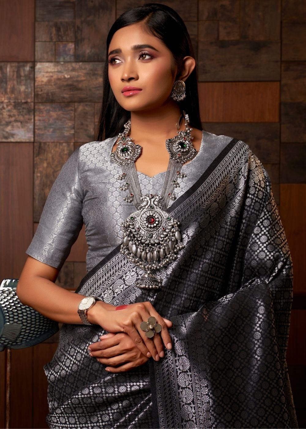 Anchor Grey  Silver Zari work Kanjivaram Silk Saree