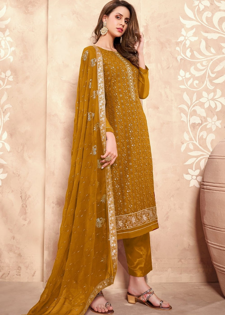 Mustard Yellow Georgette Salwar Suit with Thread & Sequence Embroidery work