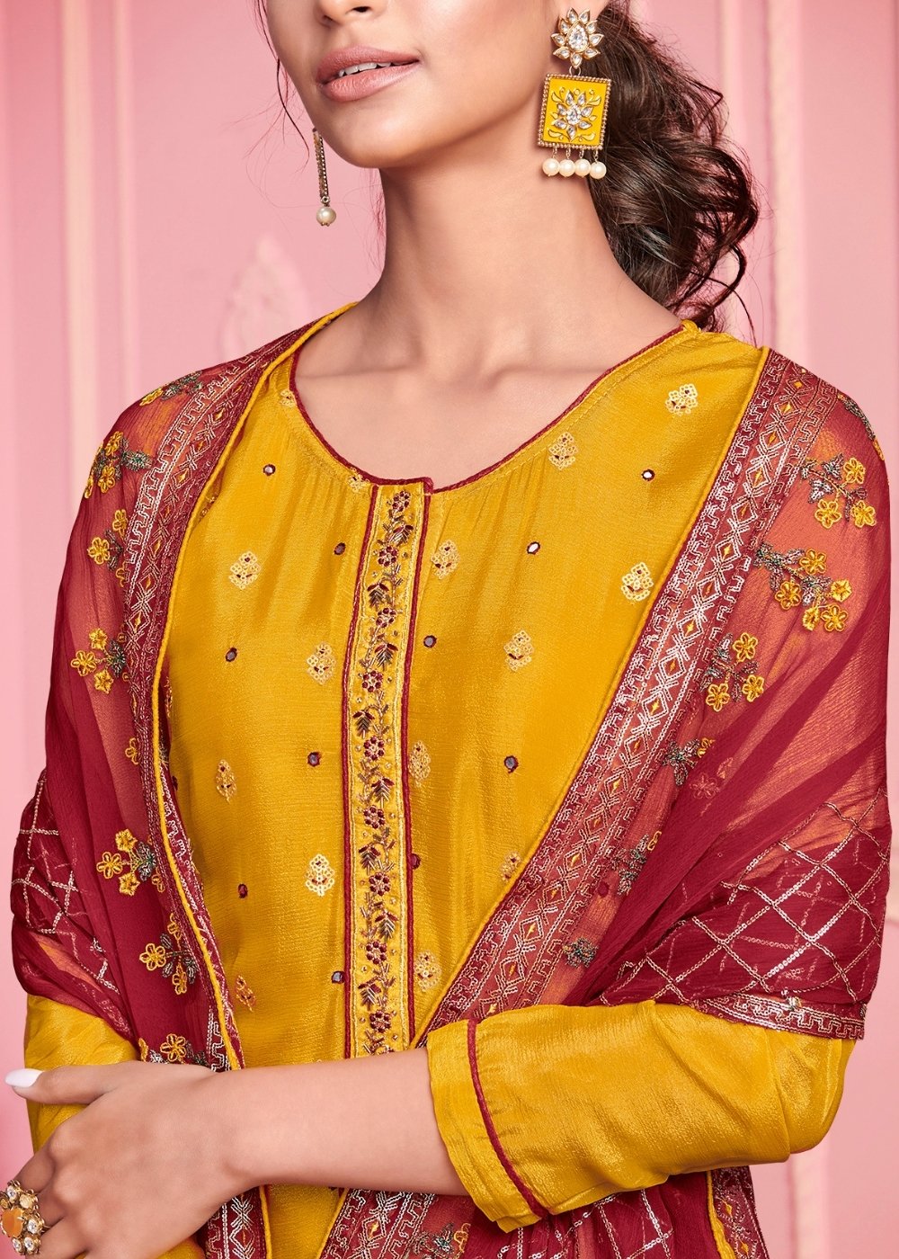 Mustard Yellow Georgette Salwar Suit with Thread & Zari Embroidery work