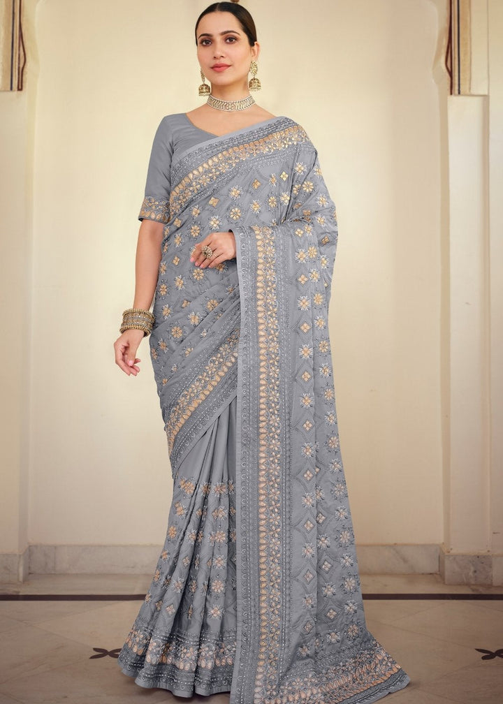 Flint Grey Designer Satin Georgette Saree with Gota & Resham work