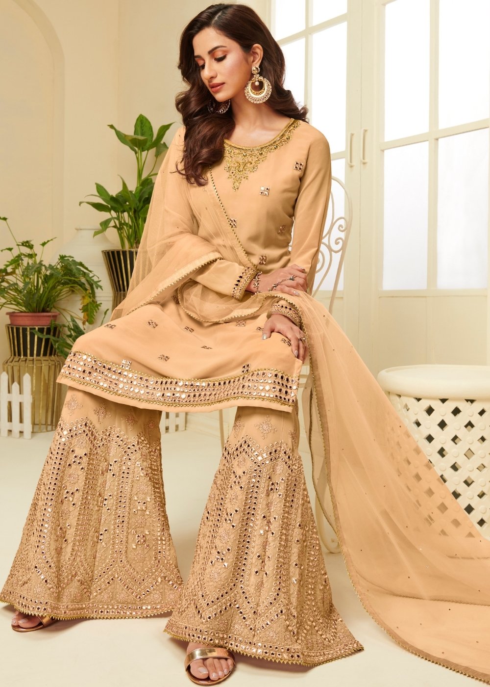 Mustard Yellow Georgette Sharara Suit with Gota work & Embroidery