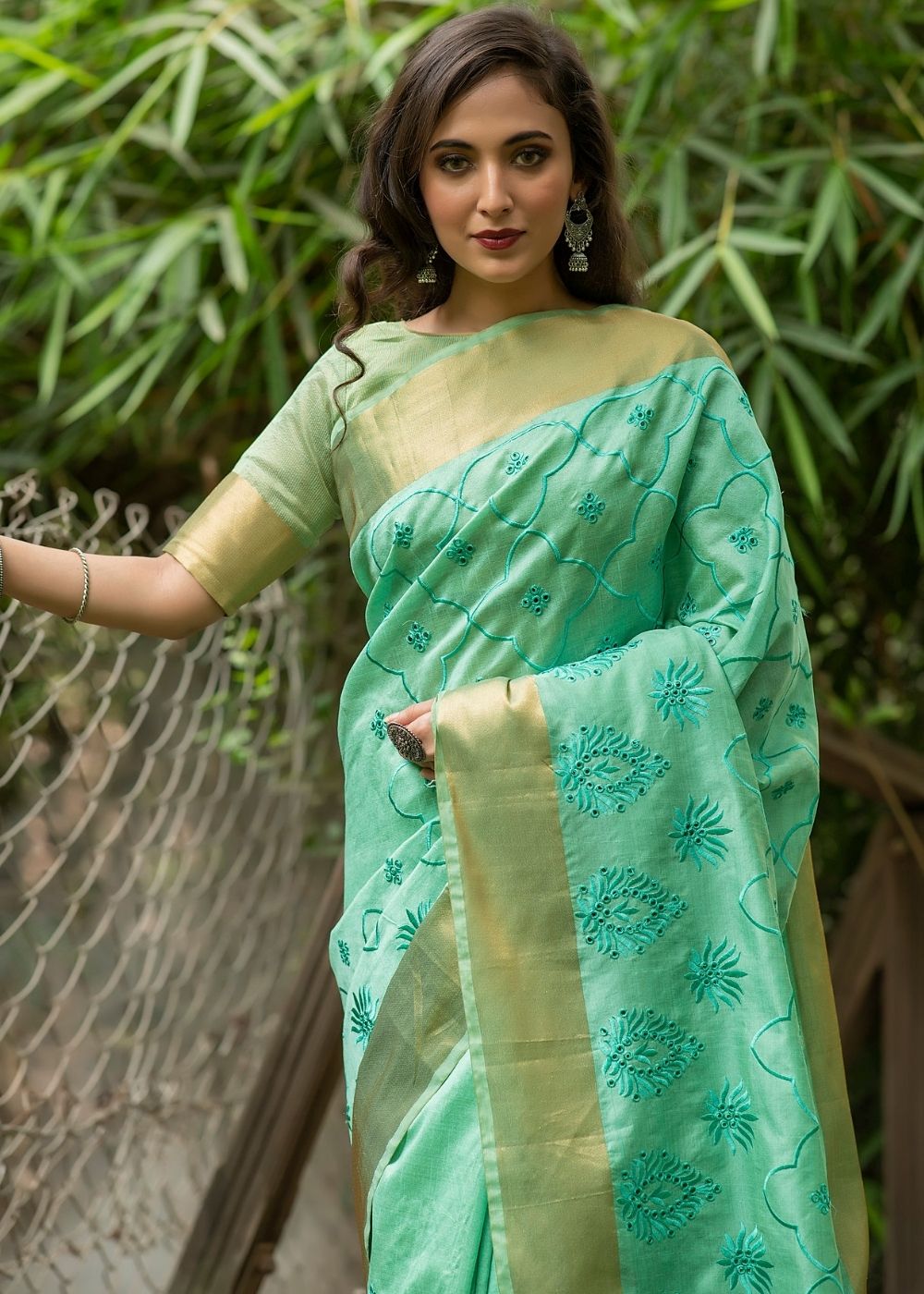 Seafoam Green  Assam Silk Saree with Cut-Work Embroidery