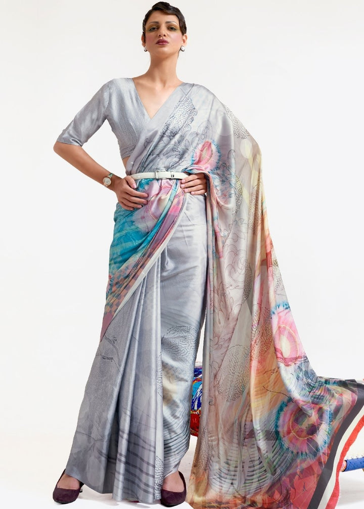 Silver Grey Digital Printed Satin Crepe Saree