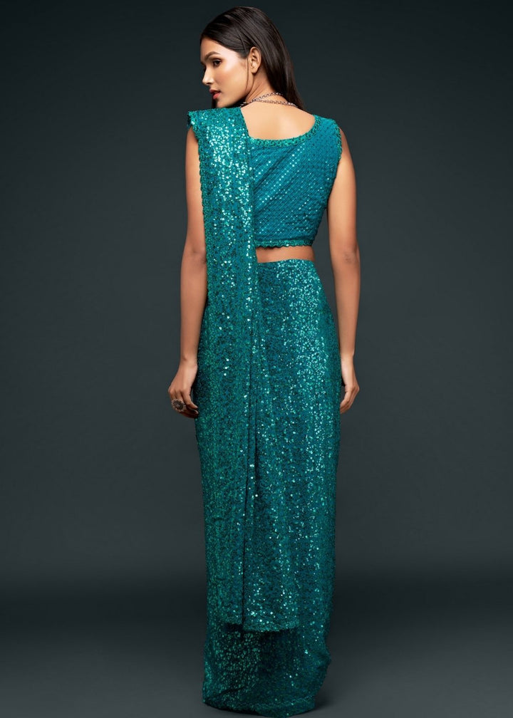 Dark Teal Blue Sequins & Thread Embroidered Designer Georgette Saree