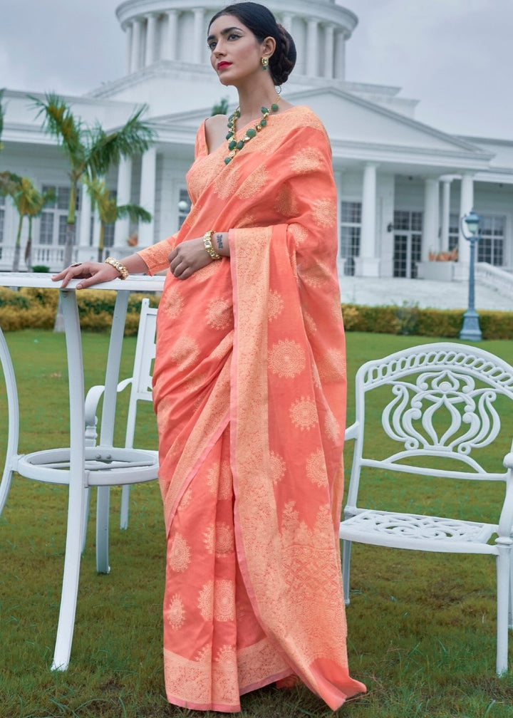 Salmon Orange Lucknowi Chikankari Weaving Silk Saree