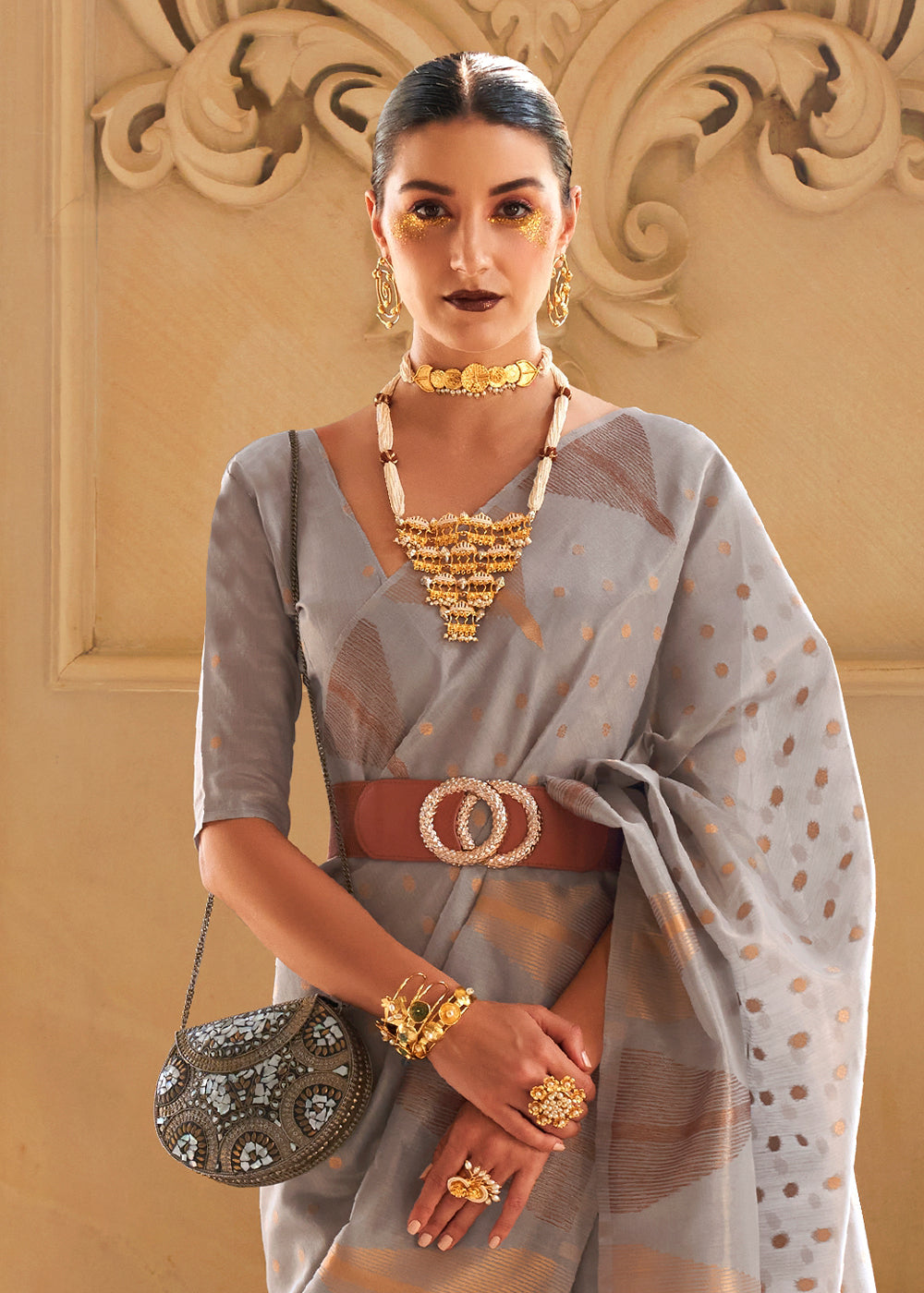 Lava Grey Zari Handloom Woven Tissue Silk Saree