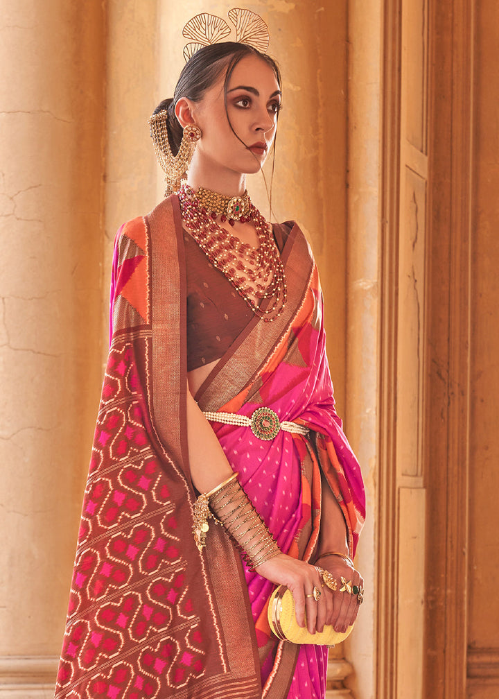 Shocking Pink Designer Printed Silk Saree with Contrast Blouse & Pallu