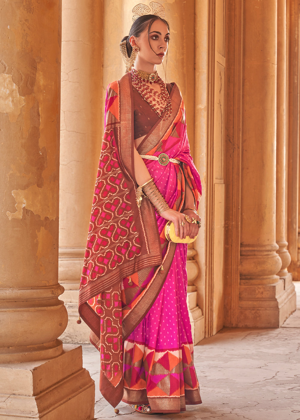 Shocking Pink Designer Printed Silk Saree with Contrast Blouse & Pallu