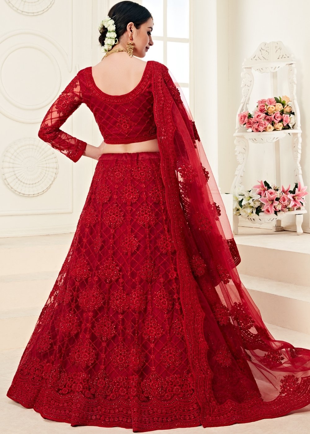 Chilli Red Soft Net Lehenga Choli with Cording Embroidery & Stonework