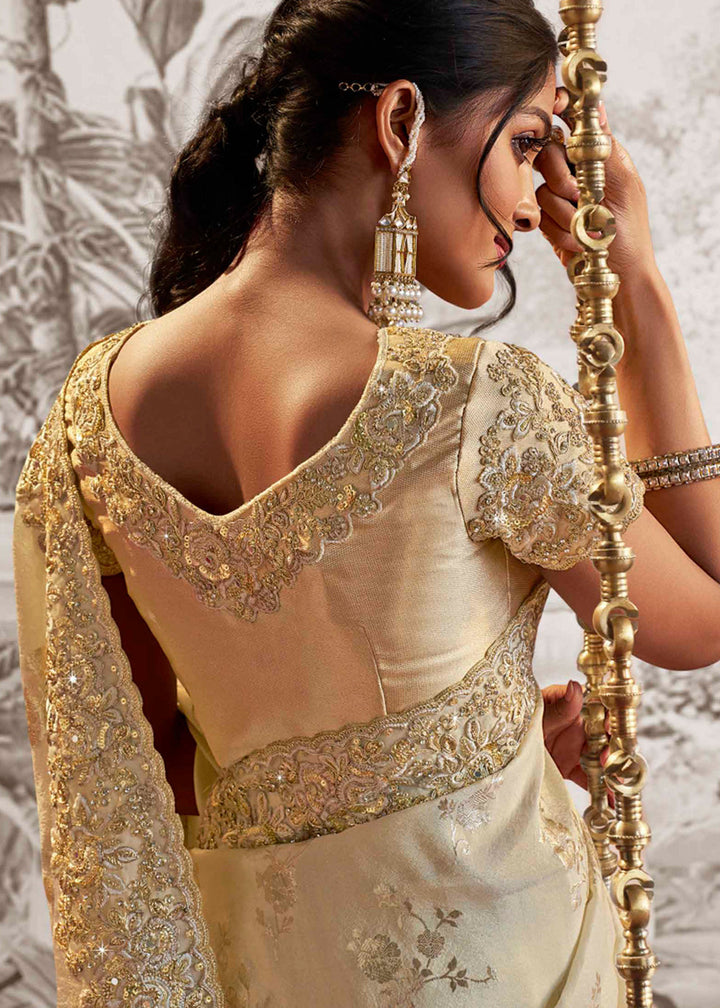 Rice White Designer Heavy Embroidered Silk Saree