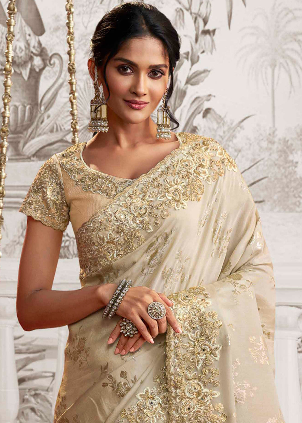 Rice White Designer Heavy Embroidered Silk Saree