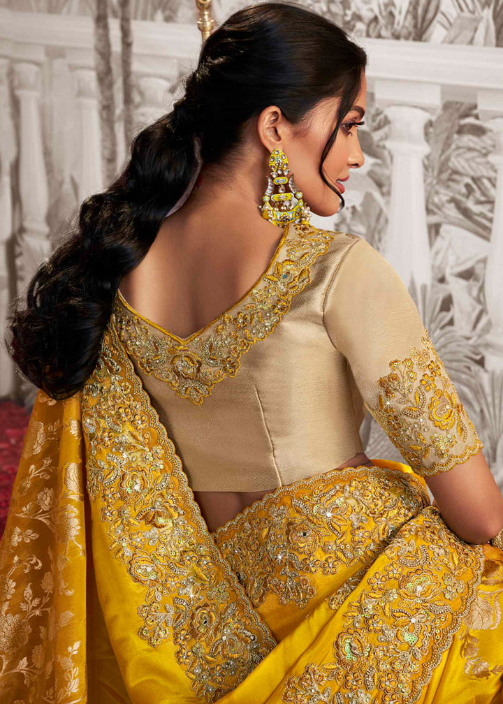 Mustard Yellow Designer Heavy Embroidered Silk Saree