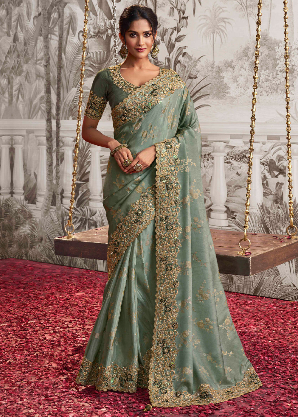 Tea Green Designer Heavy Embroidered Silk Saree