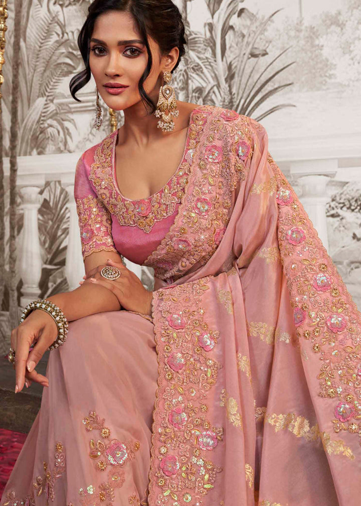 Light Peach Pink Designer Heavy Embroidered Silk Saree